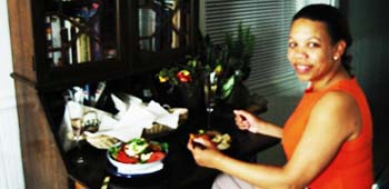 Paula dining at kitchen secretary